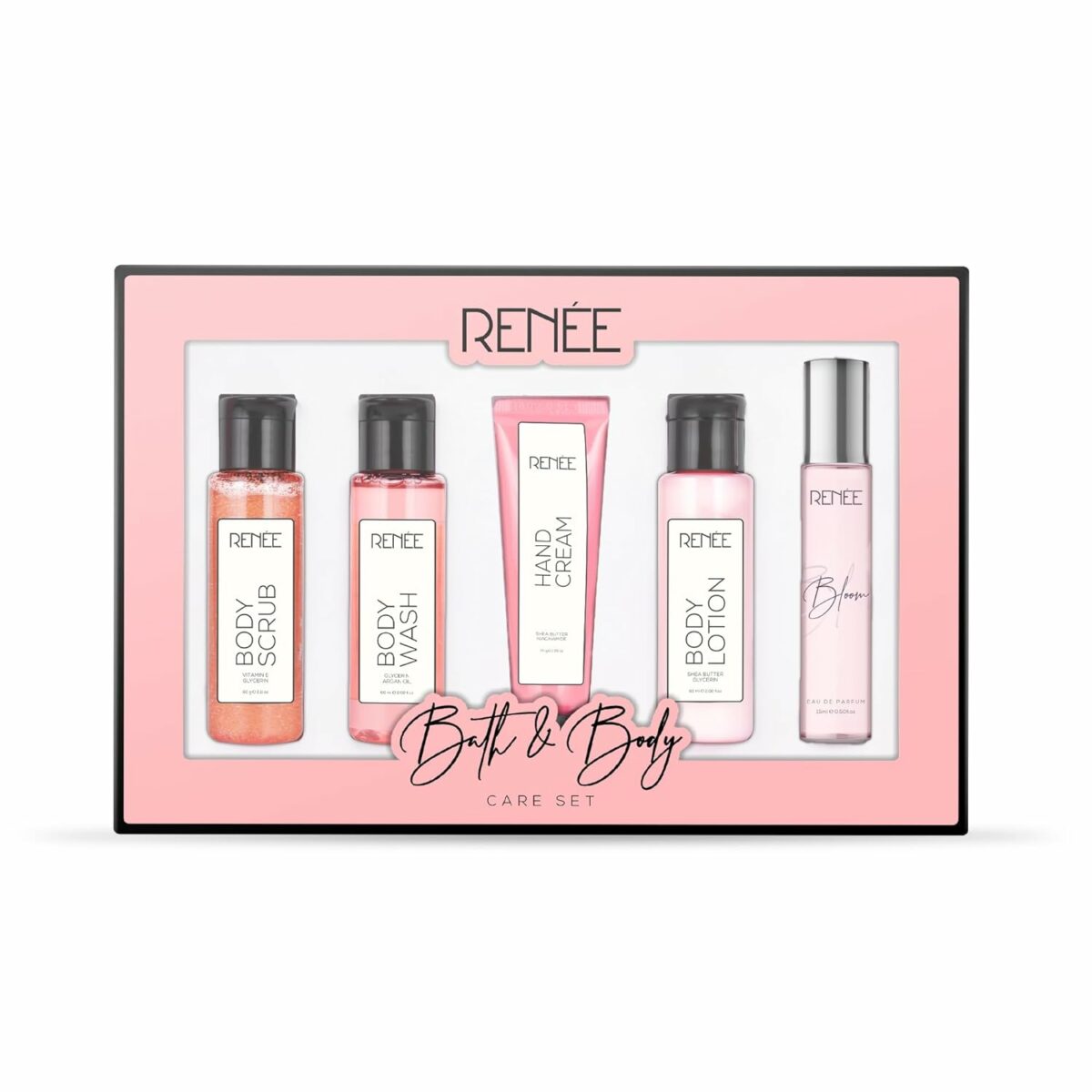 RENEE Bath & Body Care Set - Luxurious Body Wash, Exfoliating Scrub, Hydrating Lotion, Hand Cream & Signature Perfume - Premium Gifting Combo of 5 (BLOOM)