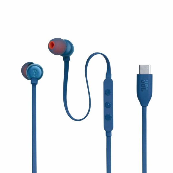 (Refurbished) JBL Tune 310 Wired in-Ear Type C Headphones, Hi-Res Audio with Digital-to-Analog Converter, 3-Button EQ Preset Remote with Microphone, Tangle-Free Flat Cable, Compatible with USB-C Devices (Blue)