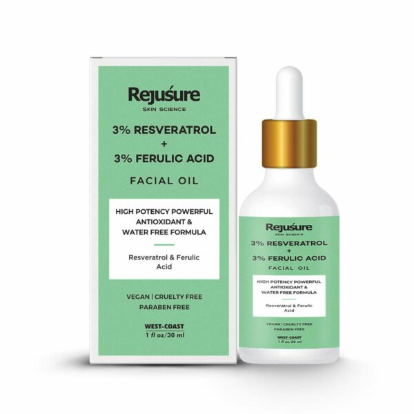 Rejusure High Potency 3% Resveratrol & 3% Ferulic Acid Facial Oil - Powerful Antioxidant Blend for Skin Rejuvenation & Firmness - Water-Free Formula, 30ml