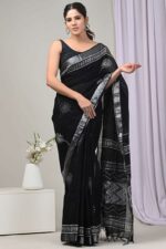 Rovim Women's Jaipuri Hand block Printed Cotton Linen Saree With Unstitiched Blouse Piece