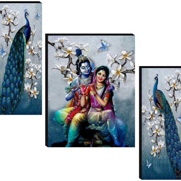 SAF Set of 3 Radha Krishna with Couple Peacock UV Textured Home Decorative Item Self Adhesive Painting 18 Inch X 12 Inch SANFJM31078- Multi Color