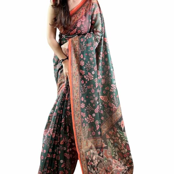 SGF11- Women's Cotton Linen Silk Saree With Kalamkari Print With Blouse Piece