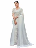 SWADESI STUFF Georgette Sarees for Women, Embroidered Cutted Border Saree with Georgette Blouse