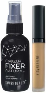 SWISS BEAUTY Fixer Natural Aloe Vera with Vitamin-E Face MakeUp, White, 50ml and Professional Liquid Concealer, Warm Sand, 5.6g