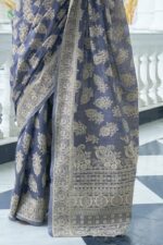 SWORNOF Women's Lucknowi Chikankari Linen cotton Woven Sarees For Women with Blouse sarees for Women