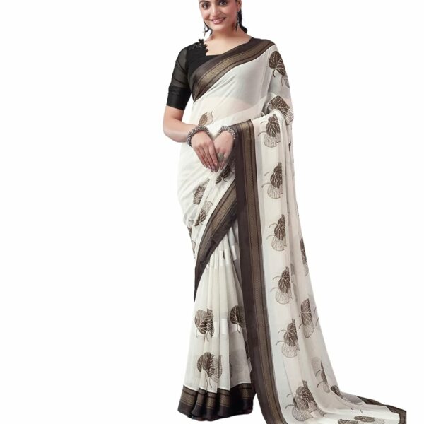 Satrani Women's Georgette Printed | Geometric Printed Satin Patta Zari Stripe Saree with Unstitched Blouse Piece