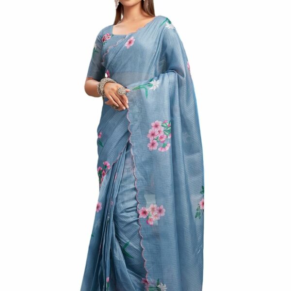 Satrani Women's Kota Doriya Floral Printed Scalloped Border Pre pleated Ready To Wear One Minute Saree with Unstitched Blouse Piece