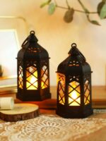 Satyam Kraft 2 Pcs Flameless and Smokeless Acrylic Antique LED Lantern Hurricane Lamp and Wall Hanging Led Candle Light Holder for Home,Living Room,Bedroom for Diwali Decorations (Yellow)