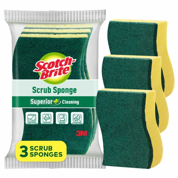 Scotch Brite Scrub Sponge -Pack of 3 for everyday utensil cleaning (Kitchen Scrubber with Sponge)