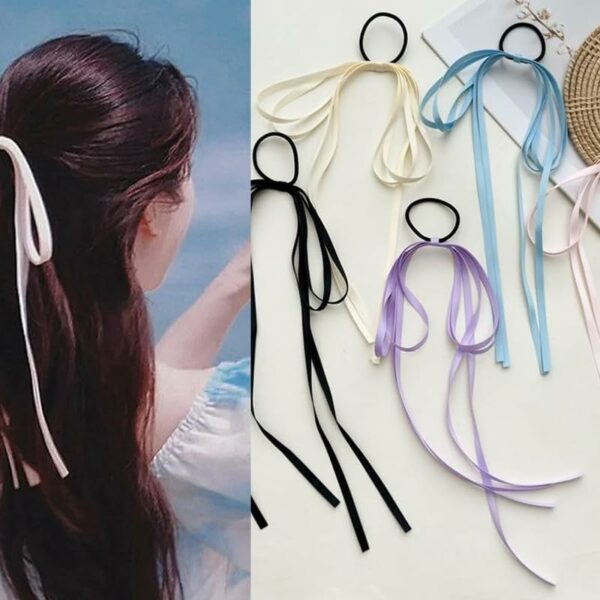 Shidara 5 Pcs Luxury Hair Ribbon Bow Hair Ribbon Ties Tassel Long Ribbon Bow Hair Ties Scrunchies Ponytail Holder Scrunchie for Women Black/Beige/Blue/Purple/Pink (5pcs)