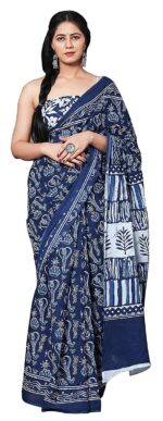 Shivanya Handicrafts Women's Hand Block Kalamkari Batik Bagru Jaipuri Ikat Printed Handloom Pure Cotton Mulmul Traditional Ethnic Cotton Sarees With Printed Blouse Piece (Guitar)