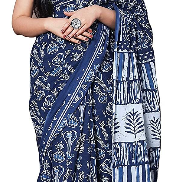 Shivanya Handicrafts Women's Hand Block Kalamkari Batik Bagru Jaipuri Ikat Printed Handloom Pure Cotton Mulmul Traditional Ethnic Cotton Sarees With Printed Blouse Piece (Guitar)