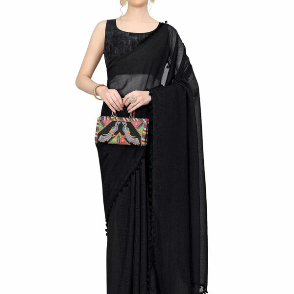 Sidhidata Women's Georgette Pom-Pom Lace Boardered Saree With Unstitched Blouse Piece (Zomato)