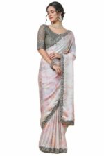 Soch Womens Pink Crepe Abstract Print Saree Zardosi Lace Border