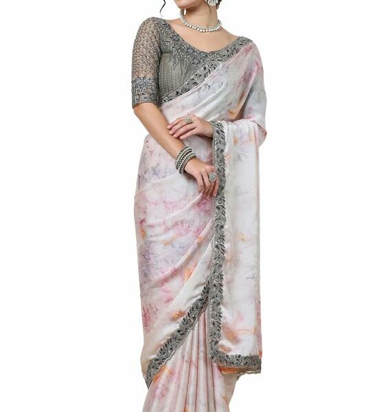 Soch Womens Pink Crepe Abstract Print Saree Zardosi Lace Border