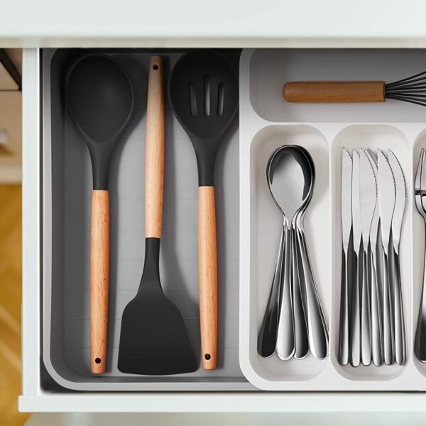 Styxon Kitchen Drawer Organizer - Expandable Silverware Organizer/Utensil Holder and Cutlery Tray with Drawer Dividers for Flatware and Kitchen Utensils | Gray & White | Plastic