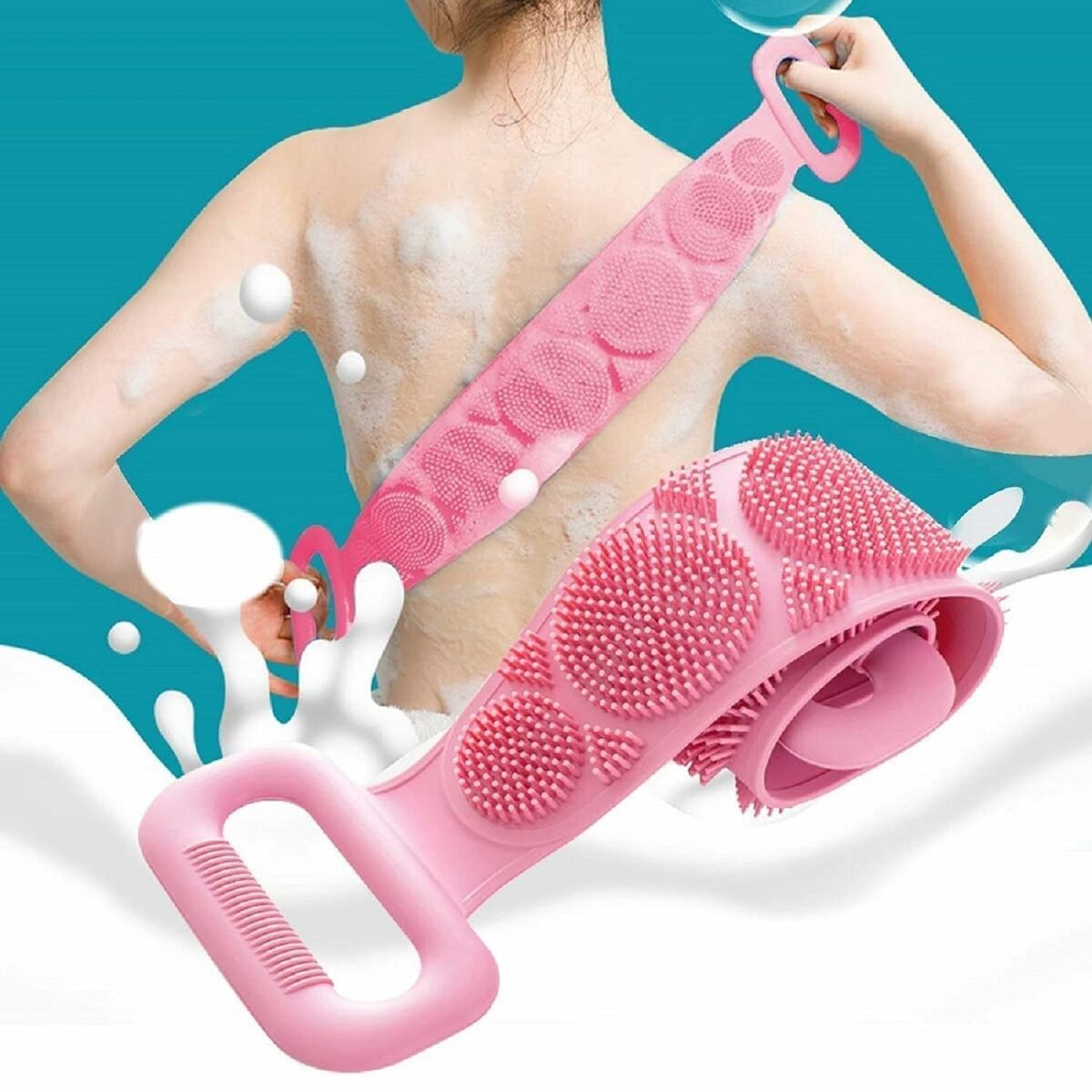 Sui Generis Silicone Bath Belt Body Wash Brush | Body Back Scrubber Double Side Bathing Brush for Skin Deep Cleaning Massage | Dead Skin Removal Exfoliating Belt for Shower, Easy to Clean (PINK)