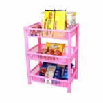 Sulfar Multipurpose Plastic Trolley with Dish Rack for Kitchen Fruit Vegetable Storage Basket Modern Organizer - 3 Layer Stackable Shelf Cart Kitchenware Food, Snacks, Bottles, Toys (Pink)