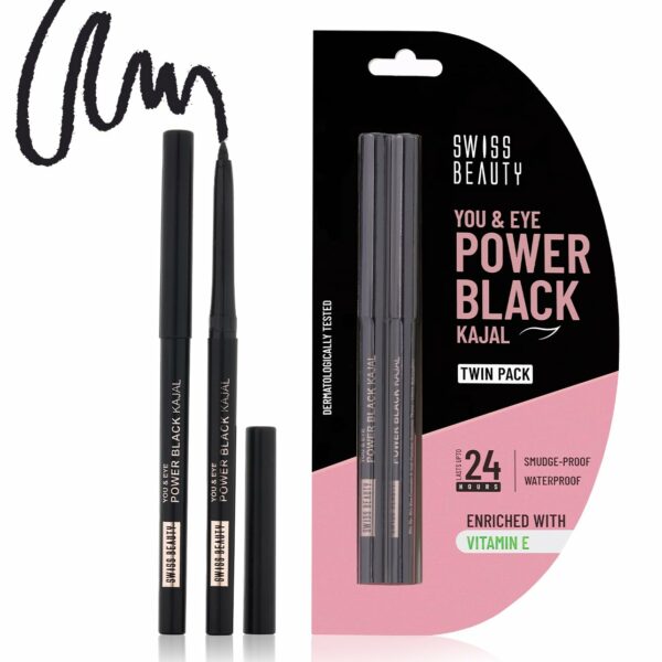 Swiss Beauty You & Eye Power Black Kajal Twin Pack | 24 Hrs Stay | Smudge proof | Waterproof | Creamy Texture | Pack of 2, 0.60g