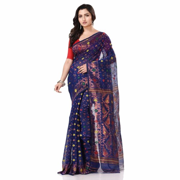 TANTLOOM Women's Zari Karat Resham Dhakai jamdani Bengal Pure Cotton Handloom Saree Whole Body Design without Blouse Piece