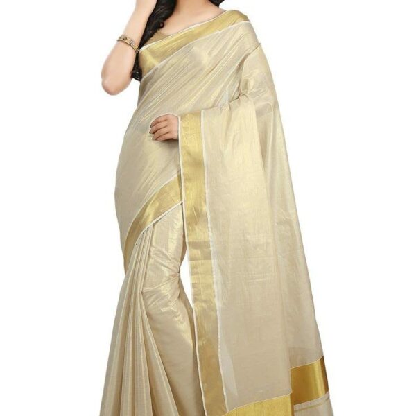 TEXATION Women's Kerala Kasavu Golden Colour Tissue Saree With Running Blouse (Saree 5.5 meter, Blouse 0.8 meter)