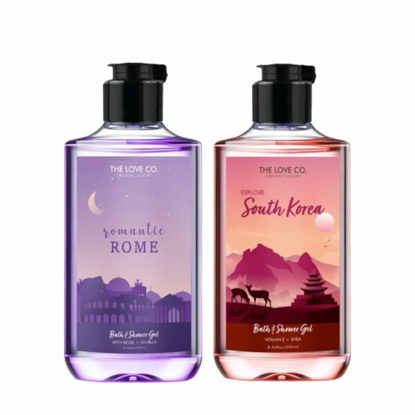 THE LOVE CO. Romantic Rome + South Korea Body Wash 250mlx2| Refreshing & Hydrating Formula | Unisex Bath & Body Wash for Men & Women | Vegan & Cruelty-Free | Travel Essentials | Combo Pack of 2