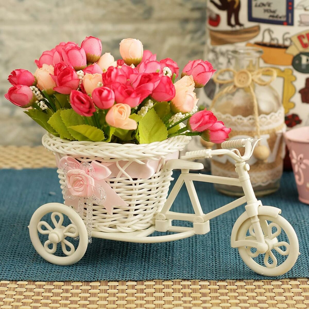 TIED RIBBONS Cycle Shape Flower Vase with Peonies Bunches for Home Decor Center Table Bedroom Living Room Office Bathroom Decorative Gift Items (19 cm x 21 cm)