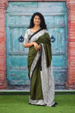 Tropwear Handicrafts Women's Ikat Hand Block Print Jaipuri Cotton Mulmul Saree with Blouse Piece