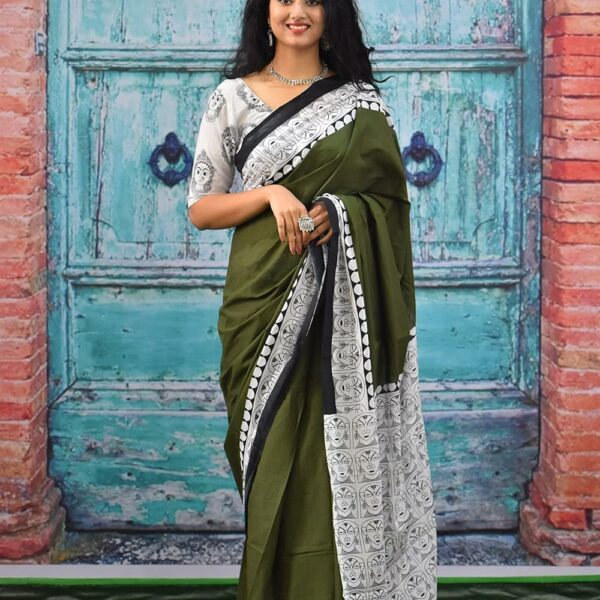 Tropwear Handicrafts Women's Ikat Hand Block Print Jaipuri Cotton Mulmul Saree with Blouse Piece