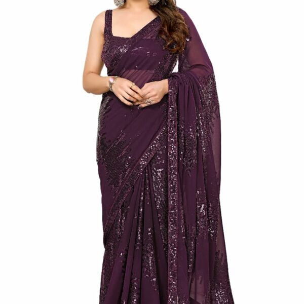 VAIRAGEE Women's Soft Georgette Embroidery Work Sequence Stylish Ready To Wear Wavy Pattern saree with unstitched blouse piece (2051)