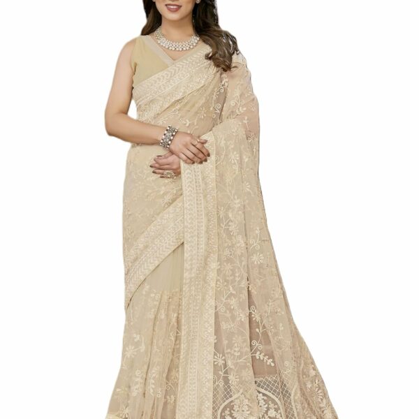 VARIETY HEAVEN Heavy Soft Net Chikankari Embroidery Saree with Mono Banglory Blouse