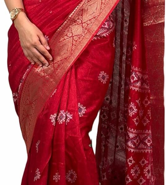 VARIETY HEAVEN Muslin Cotton Self Jacquard Printed Saree with Paper Mirror Work and Zari Border