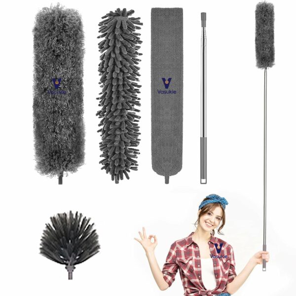 Vasukie Microfiber Feather Duster 4PCS - Extendable & Bendable Dusters with Long Extension Pole, Washable Lightweight Dusters for Cleaning Ceiling Fan, High Ceiling CRPL (Large)