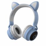 WK LIFE BORN TO LIVE K9 Kids Bluetooth Wireless On Ear Headphones with Mic for Girls/Boys Cat Ear Foldable Led Light Up for Online Learning School (Blue)