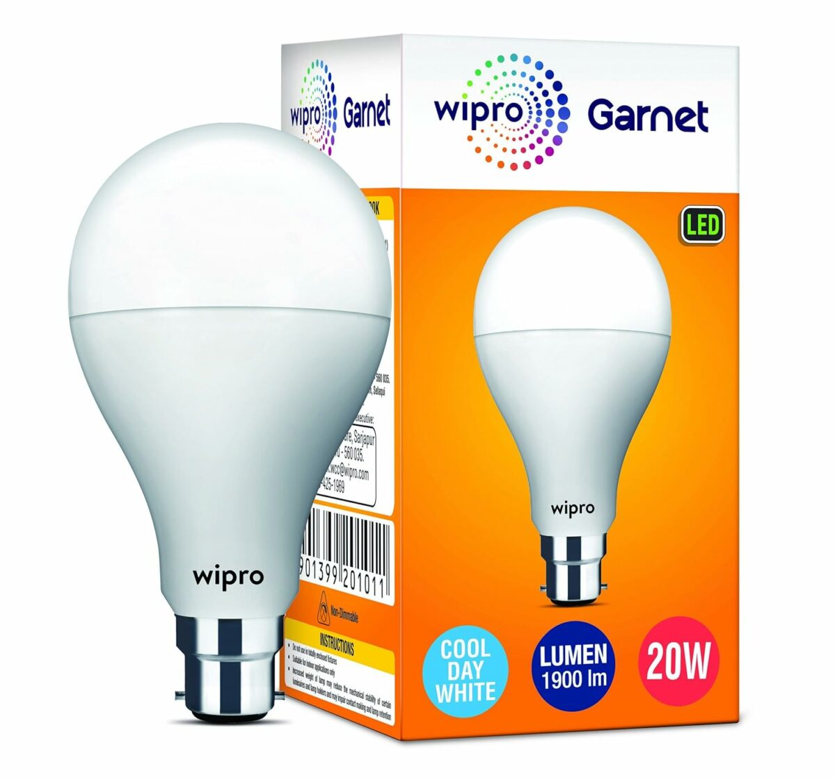 Wipro Garnet 20W LED Bulb for Home & Office |Cool Day White (6500K) | B22 Base|220 degree Light coverage |4Kv Surge Protection |400V High Voltage Protection |Energy Efficient | Pack of 1