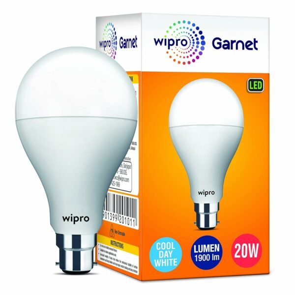 Wipro Garnet 20W LED Bulb for Home & Office |Cool Day White (6500K) | B22 Base|220 degree Light coverage |4Kv Surge Protection |400V High Voltage Protection |Energy Efficient | Pack of 1