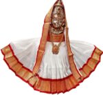 Women Navaratri Goddess Kalash Silk Saree (White), Matarani Poshak, Maa Laxmi, Durga, Saraswati, Radha Chunri Patka And Lehenga/Ghagra Dress, Margashirsha Devi Maa Accessories For Pooja