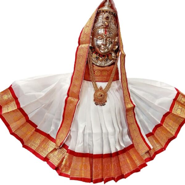 Women Navaratri Goddess Kalash Silk Saree (White), Matarani Poshak, Maa Laxmi, Durga, Saraswati, Radha Chunri Patka And Lehenga/Ghagra Dress, Margashirsha Devi Maa Accessories For Pooja