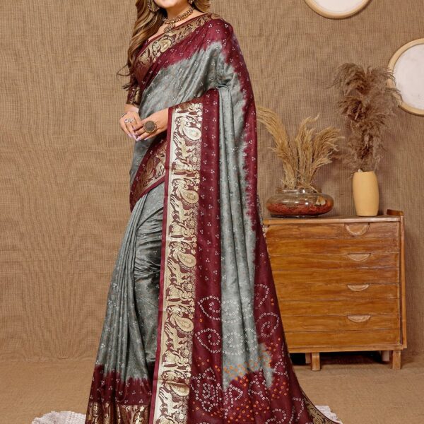 Womens Shivaarya Grey/Maroon Color Soft Bandhani Silk Saree With Khadi Printed Work