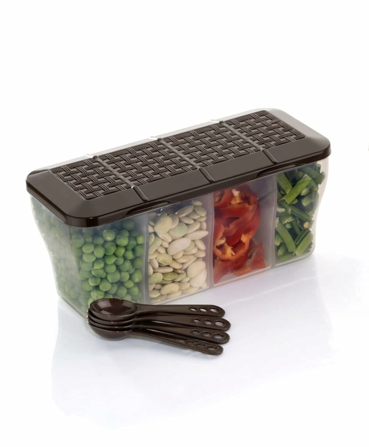 Xmart India Multipurpose Plastic 4 in 1 Masala Box for Kitchen, Spice Boxes for Kitchen,4 Compartment Storage Containers Grocery,Cereal,Dry Fruits Dabba 1800 Ml with 4 Spoons(Brown)