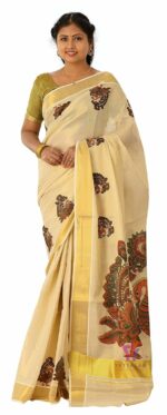 YETTALAN® Women's Mural Printed Kerala Gold Tissue Saree with Running Blouse