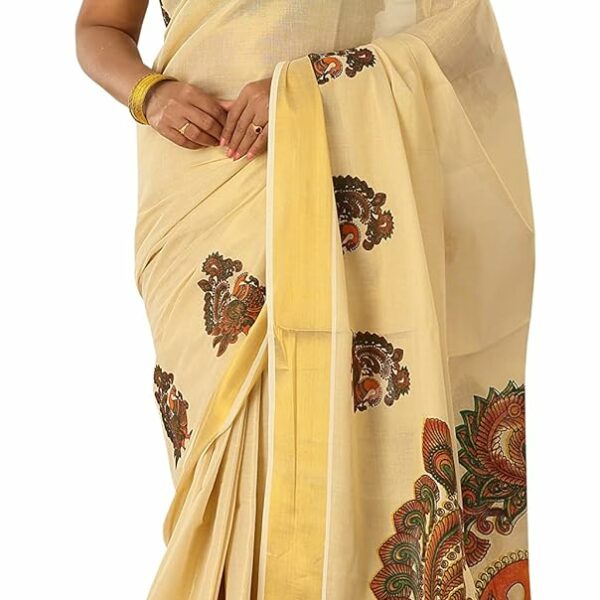 YETTALAN® Women's Mural Printed Kerala Gold Tissue Saree with Running Blouse