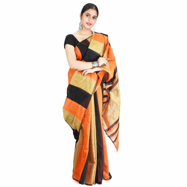 dB DESH BIDESH Women`s Bengal Ghicha Handloom Cotton Silk Saree With Blouse Piece (Orange Black)