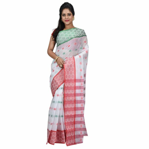 dB DESH BIDESH Women`s Pure Cotton Handloom Traditional Bengali Tant Saree With Ganga Jamuna Jori Work (Red White Green)