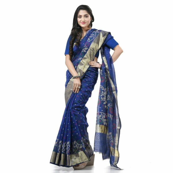 dB DESH BIDESH Women`s Tant Cotton Silk Handloom Cotton Blend Saree Pushpomala Work With Blouse Piece