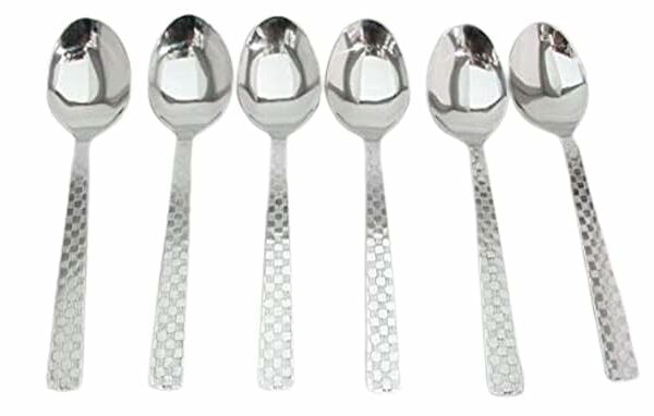 i bharat Stainless Steel Spoons Set of 6, Dinner Spoon Length 16cm, Food Grade Silverware for Home & Kitchen- Mirror Polished, 6 Silver Spoons (Check Design)