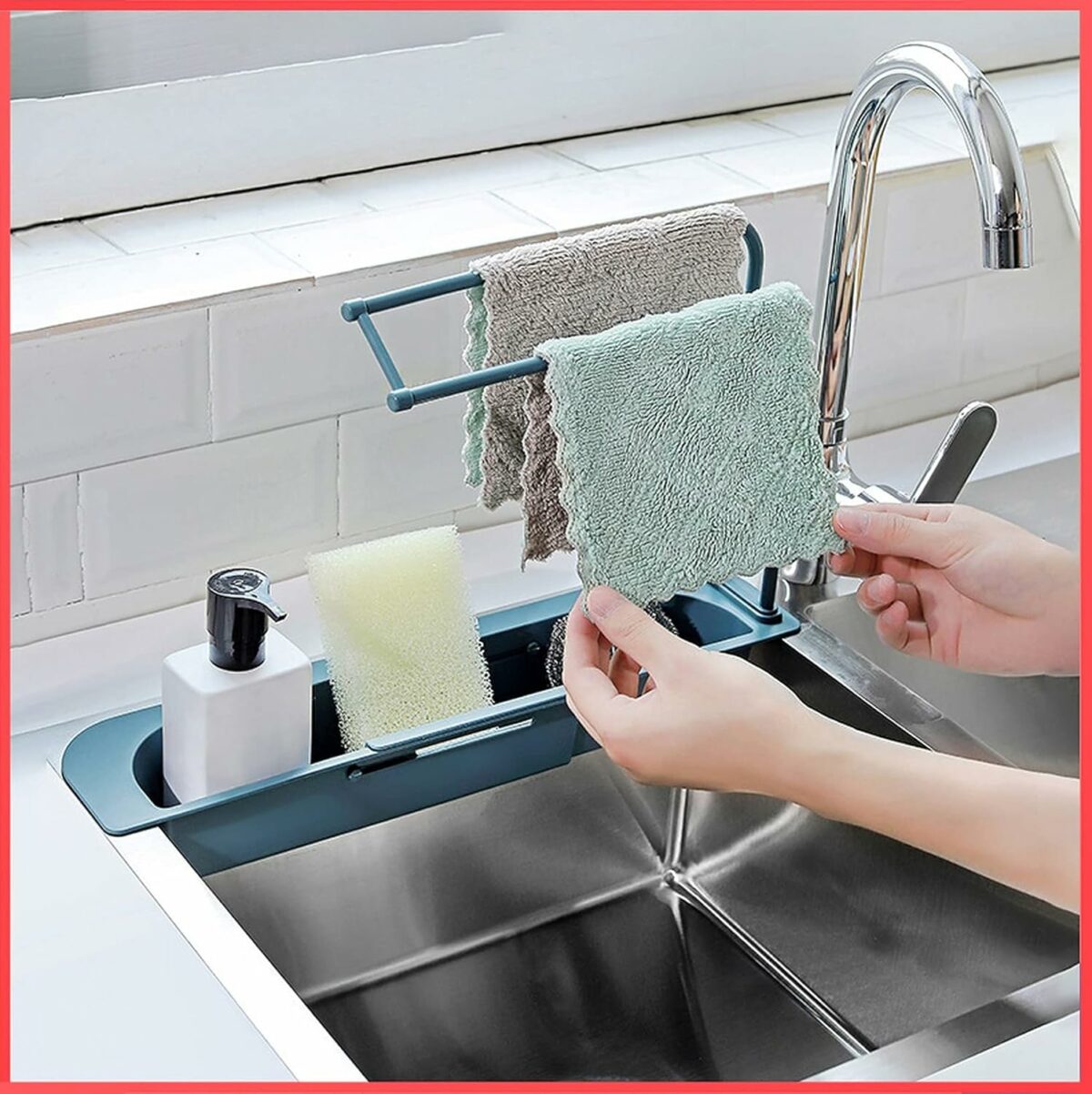 wolpin Kitchen Sink Organizer Plastic Wash Basin Storage Shelf Retractable Rack For Dishwasher Liquid Brush, Kitchen Cloth, Soap, Sponge Storage Basket (Blue), 8.5 x 36 x 50 Centimeters