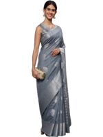 leeza store Women's Linen Tissue Silk Silver Zari Floral Motifs Jacquard Banarasi Saree With Blouse Piece