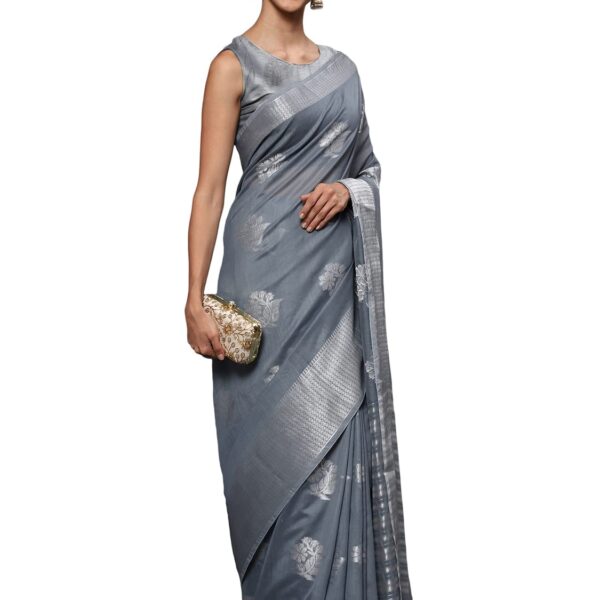 leeza store Women's Linen Tissue Silk Silver Zari Floral Motifs Jacquard Banarasi Saree With Blouse Piece