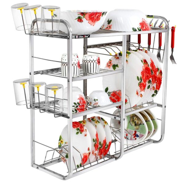 SLIMSHINE Kitchen Dish Rack - 4 | Shelf Stainless Steel Plate & Utensil | Drying Rack | Space-Saving Storage for Plates | Bowls | Cups | Cutlery (24 inch x 24 inch)